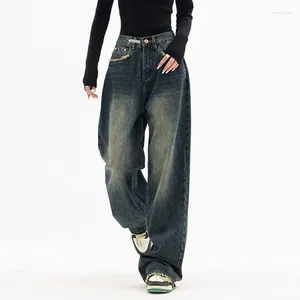 Women's Jeans Women Vintage Wide Leg Casual Korean Baggy Pant Autumn High Waist Loose Pockets Designed Streetwear Straight Blue Trousers
