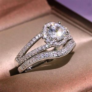 Bröllopsringar Vintage Female White Crystal Stone Ring Set Classic Silver Color Engagement Trendy Bridal Round for Women205L