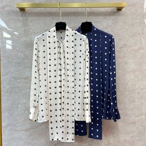 Autunno blu a pois stampa nastro cravatta camicetta con fiocco camicia blu manica lunga girocollo bottoni monopetto top camicie Q3G300005