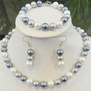 Handmade natural 10mm white black gray multicolor south sea shell pearl necklace bracelets earrings set 2set lot fashion jewelry247M
