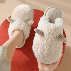 Chinelos Inverno Interior Mulheres Sapatos de Algodão Bonito Dos Desenhos Animados Cabra Homens Mulheres Casais Peludos Slides Plus Lã Quente Sola Macia Chinelos Femininos 231019