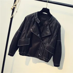 Frauen Leder Frühling Herbst 2023 Koreanische Stehkragen Kurze Faux PU Jacke Streetwear Schwarz Langarm Biker Jaqueta Feminina