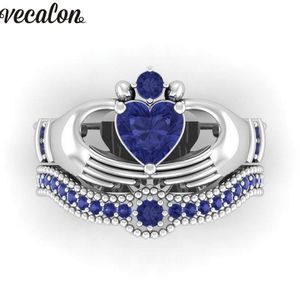 Vecalon Lovers Blue Birthstone claddagh ring 5A Zircon Cz White gold filled Engagement wedding Band ring Set for women men Gift299d