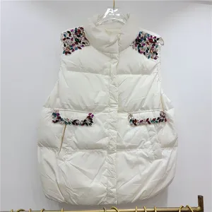 Gilet da donna Gilet corto in cotone con diamanti con perline moda Nero Bianco Autunno Inverno Donna Colletto alla coreana Gilet caldo senza maniche