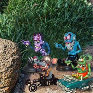 Party Decoration Angry Big Mouth Monster Driving Statue Rat Fink Halloween Figurines Resin Crafts Sculpture Home Decor Ornament 12 LL