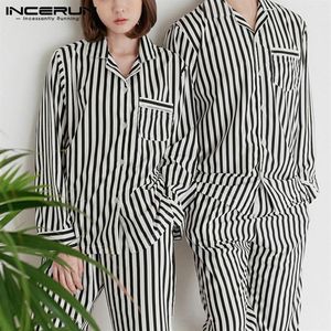 Incerun Fashion Stripedカップルパジャマスセットメンズロングスリーブトップパンツメンズスリープウェアセットナイトウェアスーツホームウェアプラスサイズ282K