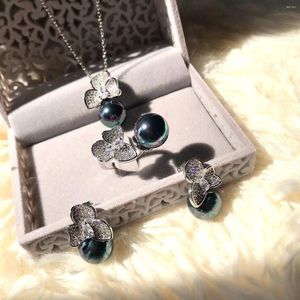 Комплект ожерелья и серег, ювелирные изделия Lihua, дизайн из трех частей, черная ракушка с жемчугом для женщин, кольцо с лепестком из натурального перламутра 18 карат