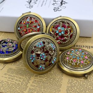 Compact Mirrors Metal Bronze Round Makeup Mirror Small Foldable Hollow Magnifying Pocket Hand Mirror Compact Vintage Double Sided Makeup Tools 231019