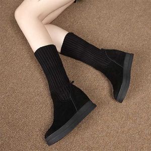 Top Boots Genuine Leather Thick Sole with Raised Height Inside Women's Shoes Autumn Winter Wool Short Boots Korean Version High Heels Plush Snow