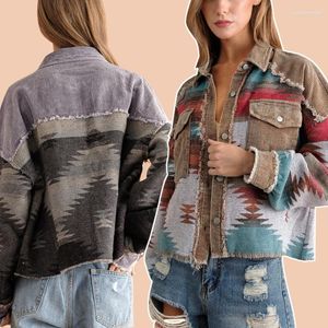 Jaquetas femininas Mulheres Corduroy Misto Denim Casaco Mulheres 2023 Outono Inverno Cinza Marrom Vintage Impressão Casual Outwear Feminino