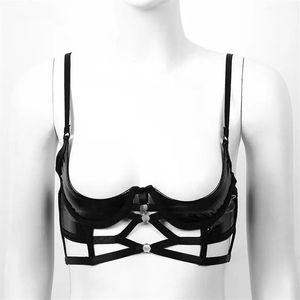 Women Wet Look Cupless Bra Patent skóra Seksowna bielizna regulowane paski Bondage Otwarte kubki z topami Fetysz Bras2156