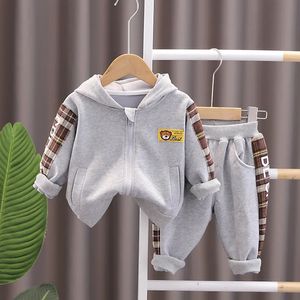 Clothing Sets Baby Clothing Spring and Autumn New Children's Cartoon Little Bear Plaid Sports Set Boys' Hooded Sweater Pants Casual Two Piece 231019