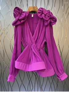女性のセーター2023デザインVネックの女性ブラウス3D花ブラックホワイト品質プリーツアップリクストトップ