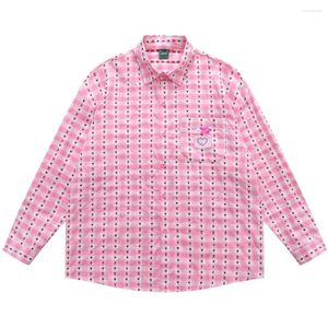 Men's Casual Shirts Flower Jacqurd Cotton Men Women Turn-down Collar Autumn Pink For