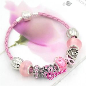 6PCS neuester Brustkrebs-Bewusstseins-Schmuck Europäischer Perlen-Rosa-Band-Stil Brustkrebs-Bewusstseins-Armband für Krebszentrum Y2222Z