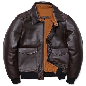 Mensjackor klassisk A2 -stil äkta skinnjacka Air Force Natural Cowhide Coats Brown Calf Skin Clothes Man Flight Clothing 231018