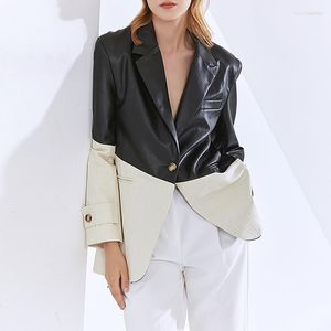 Women's Suits Women's PU Leather Blazers Black Contrast Beige Loose Patchwork Women Long Sleeve Single Button Blazer Office Lady Work