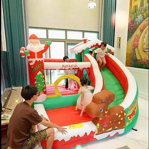 Santa Bounce House Christmas uppblåsbara studsare Playhouse Jumping Castle Slide Kids Merry Xmas Bouncer Slide Combo Toys Gifts Elk Theme Jumper Uppgraderad nöjen