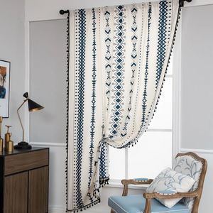 Curtain Bohemian Style Blue Tulle Curtain Wear Rod Window Shade Stripe Plaid Decoration Modern Chiffon Kitchen Sovrum vardagsrum 231019