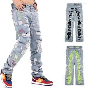 Men's Jeans High Quality Heavy Fabric Embroidered Endless Men Women Joggers Trousers Hole Old Jean Cargo Pants