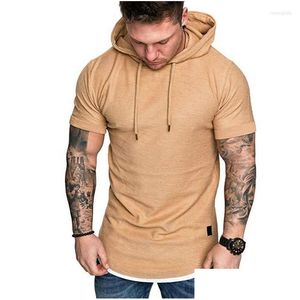 Mens Hoodies Summer Stylish Casual Hoodie Lace Up White Shirt Hooded Short Sleeve Slim Tops Sport Wear Plus Size Solid Drop Delivery