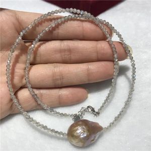 Chains Natural Tiny Shining Labradorites Stone 2-3MM Real Big Baroque 14x18MM Pendant Pearl 925 Sterling Silver Clasp Choker Necklace