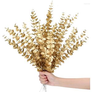 Decorative Flowers Golden Artificial Eucalyptus Leaves Stems With Frost For Vase Home Party Wedding Decoration Outdoor DIY Flower Wall