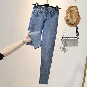 Women's Jeans Vertical Lines Rhinestones Woman High Waist Pencil Pants Mujer Ankle Length Denim Fashion Stripe Autumn