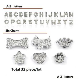 Köpek yaka taslak beyaz harfler 10mm berrak rhinestone cazibe cazibe köpek evcil kedi adı kişiselleştirilmiş diy kaydırıcı 26pcs A-Z ev bahçesi dhffj