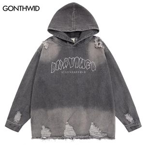 Mens Hoodies Sweatshirts Hip Hop Denim Streetwear Men Ripped Embroidery Letter Distressed Hole Hooded Jeans Jackets Punk Gothic Oversized Coats 231018