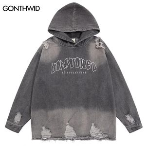 Mens Hoodies Sweatshirts Hip Hop Denim Streetwear Men rippade broderier Brev Ejrised Hål Huven Jeans Jackets Punk Gothic Overdimensionerade rockar 231018