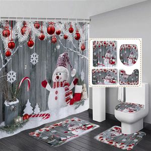 Shower Curtains Cute Snowman Christmas Curtain Set Silver Pine Branches Snowflake Xmas Balls Bathroom Decor Rug Bath Mat Toilet Lid Cover 230819