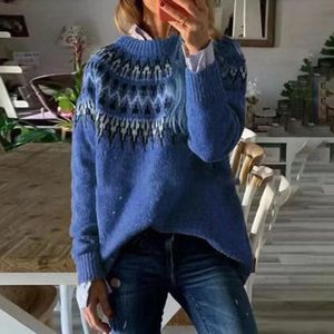 Women's Knits Tee O Neck Rib Knitted Top Pullover Winter Long Sleeve Warm Cashmere Sweater Mujer Retro Jacquard Print Crochet Autumn 231018