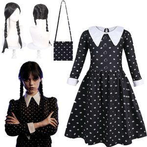 Mode Kinder Film Mittwoch Addams Cosplay Prinzessin Kleid und Perücke Tasche Set Mädchen Halloween Kostüm Karneval Gothic Schwarz Clothescosplay