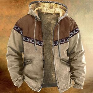 Men's Jackets Vintage Loose Liner Fleece Coat Autumn Winter Hooded Drawstring Sweatshirt 2023 Long Sleeve Pattern Print Outwear