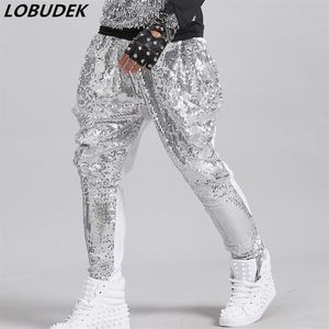 Tide Male Silver Seval equins Harem Pants Bar Stage Singer Dancer Hip Hop Rock Performance Perform