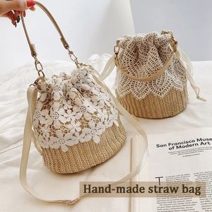 Evening Bags Straw Plaited Article Lace Bucket for Women Causal Holiday Beach Bag Elegant Handbags Shoulder Crossbody 231018