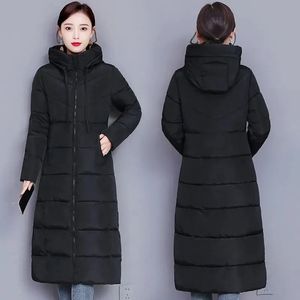 Women Down Parkas Winter Long Coats ciepła bawełniana kurtka z kapturem Parka Fashat Fashion Slim Snow Emwear Koreańskie kurtki 231019