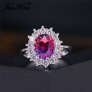 Hochzeit Ringe Mystic Regenbogen Feuer Kristall Stein Sonnenblume Für Frauen Silber Farbe Oval Blau Rot Rosa Zirkon Bands Schmuck CZ218B