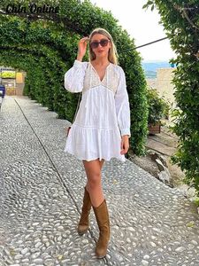 Casual Dresses Women's Dress Lace-up Crochet Patchwork White Mini Female Long Sleeve Loose 2023 Fashion Summer Lady Vestidos