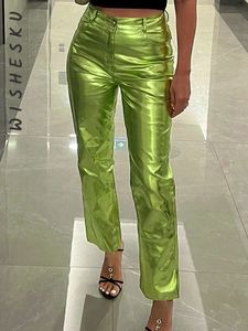 Kadın Pantolon Metalik Düz Bacak Pu Seksi Za Köpüklü Yüksek Bel Pantolonları Sokak Giyim Lüks Doğum Günü Kostümleri 2023 Bahar Sonbahar 231018