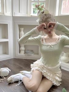Work Dresses Lolita Style Spring Summer Women 2 Pcs Set Slash Neck Green Bow Knitted Crop Top Mini Lace Ruffles Tierred Skirt Cute Outfits