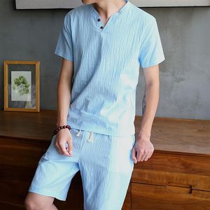 2st Summer T Shirts Cotton Linen Set Men Casual Tracksuit Chinese Style Korean Fashion Printing Clothing233U