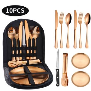 10pcs/Set Zestaw naczynia na oprogramowaniu na zewnątrz sztućce ze stali nierdzewnej noża noża widelca łyżka łyżka naczynia stołowa Zestaw stołowy z czarną torbą