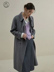 Womens Wool Blends Dushu 100% Temperament Gray Women Double Breasted Long Woolen Jackets Turndown Collar Office Lady Raglan Sleeve Coat 231018