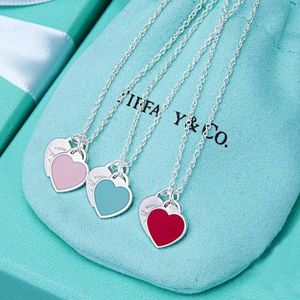 Hjärtformad emalj Blue Heart Red Heart Love Necklace For Women 925 Sterling Silver CollarBone Chain Birthday Present