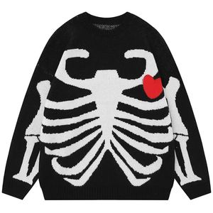 Suéteres femininos Y2K retro hip-hop crânio jacquard esqueleto amor suéter de malha para homens e mulheres Harajuku ins pullover solto moda de rua 231019