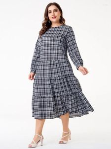 Plus size vestidos em torno do pescoço xadrez manga comprida magro encaixe grande manga balanço roupas femininas moda vestido de baile