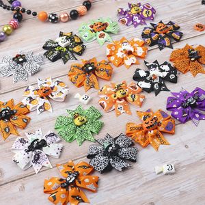 Hair Accessories 100PcLot 33" Baby Girls Halloween Clip Pumpkin Skeleton Skull Prints Satin Hairgrips For Kid Child Party 231019