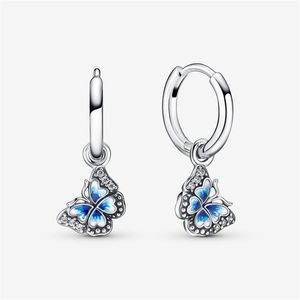 Rose Gold Plated 100% 925 Sterling Silver Blue Butterfly Hoop Earrings Fashion European Earring Wedding Egagement Jewelry Accessor283c